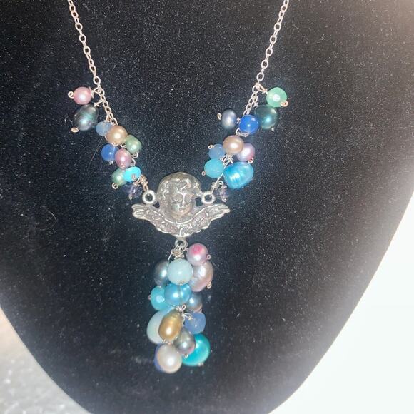 VINTAGE UNWORN STERLING SILVER CHERUB ANGEL  MULTI PEARL NECKLACE - Picture 2 of 10